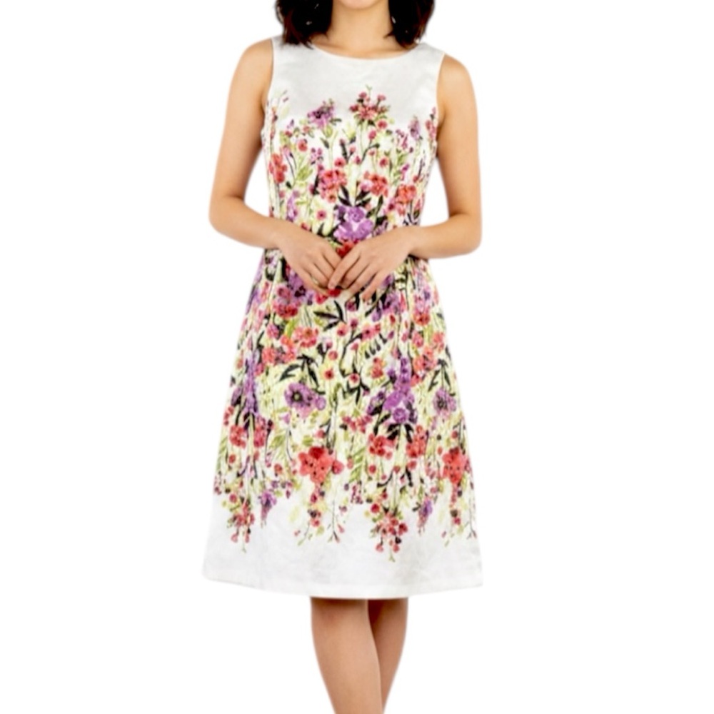 Luxe by Carmen Marc Valvo White Multi Color Floral Sleeveless Fit Flare Dress 8